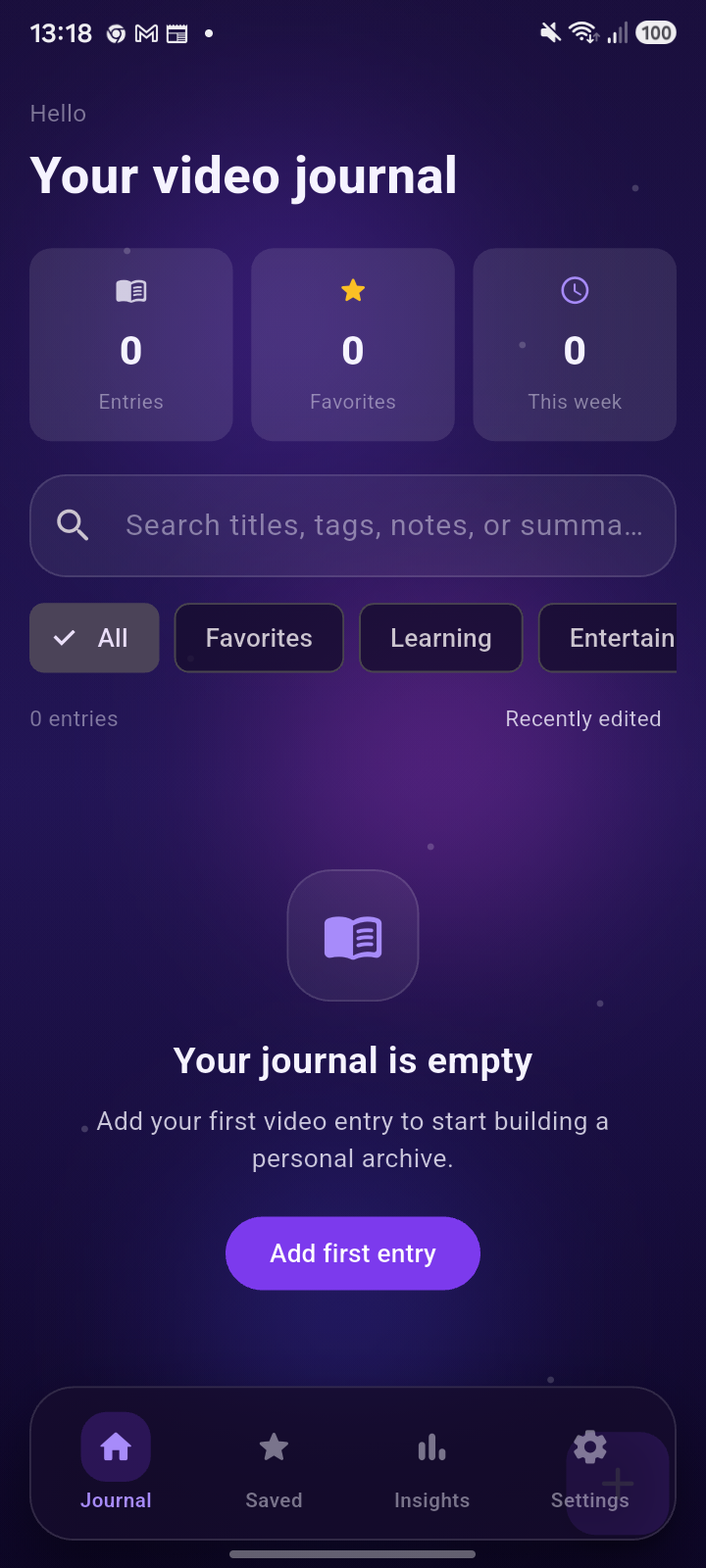 Video Logbook empty journal screen