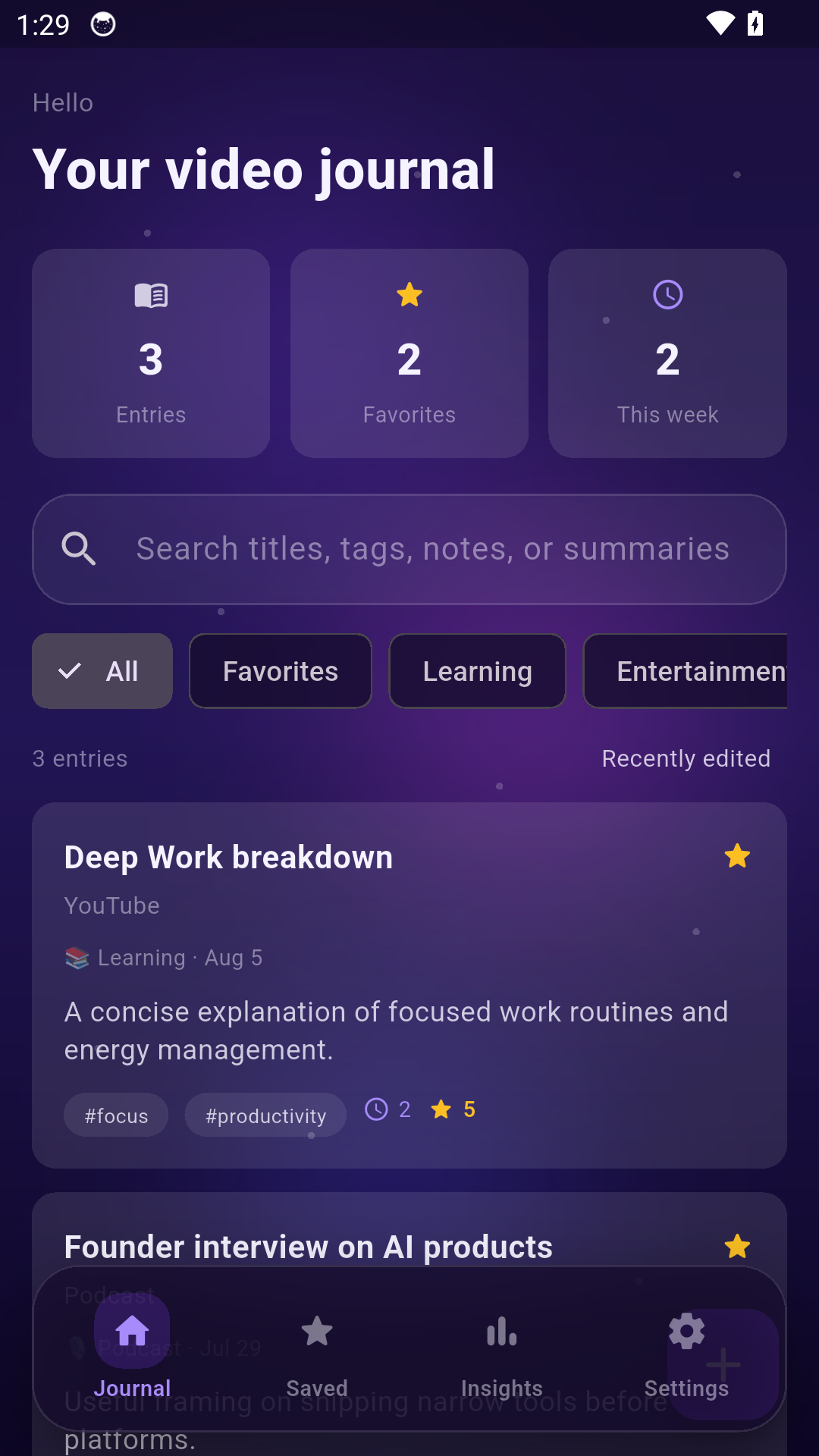Video Logbook journal screen
